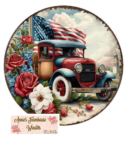 Patriotic vintage red truck round metal sign, 4th of July sign, faux rusty finish patriotic round sign, wreath sign, wreath center, wreath