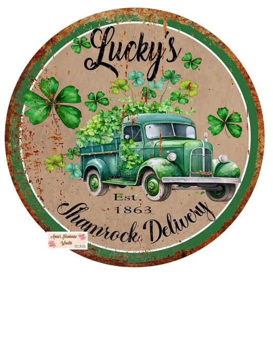Lucky&#39;s Shamrock delivery,  St. Patrick&#39;s Day Shamrock round metal sign, Welcome sign, wreath sign,  4 leaf clover sign, wreath attachment,
