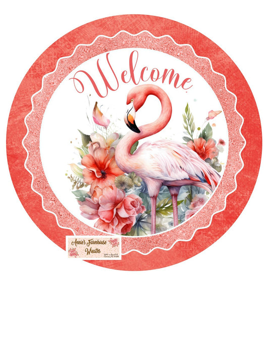 Floral Flamingo welcome sign, Wreath Sign, Wreath Center, Wreath Attachment,  Metal Sign, Tropical sign