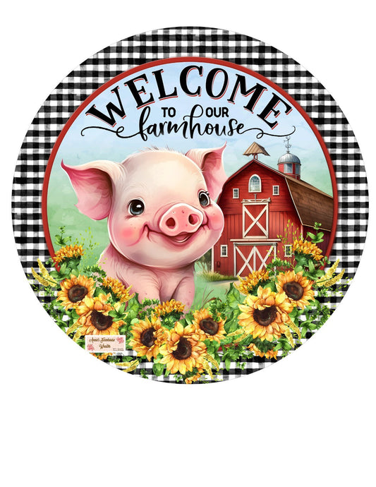 cute pig sign, farmhouse wreath sign, Welcome metal wreath sign, Round sign,  attachment Wreath center, tiered tray sign