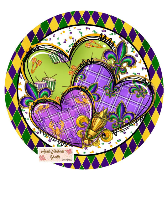 Mardi Gras Hearts and fleur de lou round metal wreath sign, Fat Tuesday celebration sign, Louisiana wreath sign, wreath center, attachment