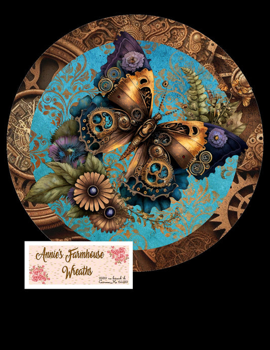 Steampunk Butterfly sign, Butterflies and gears wreath sign. Metal sign, summer sign,  Round sign, Wreath attachment, Wreath center,