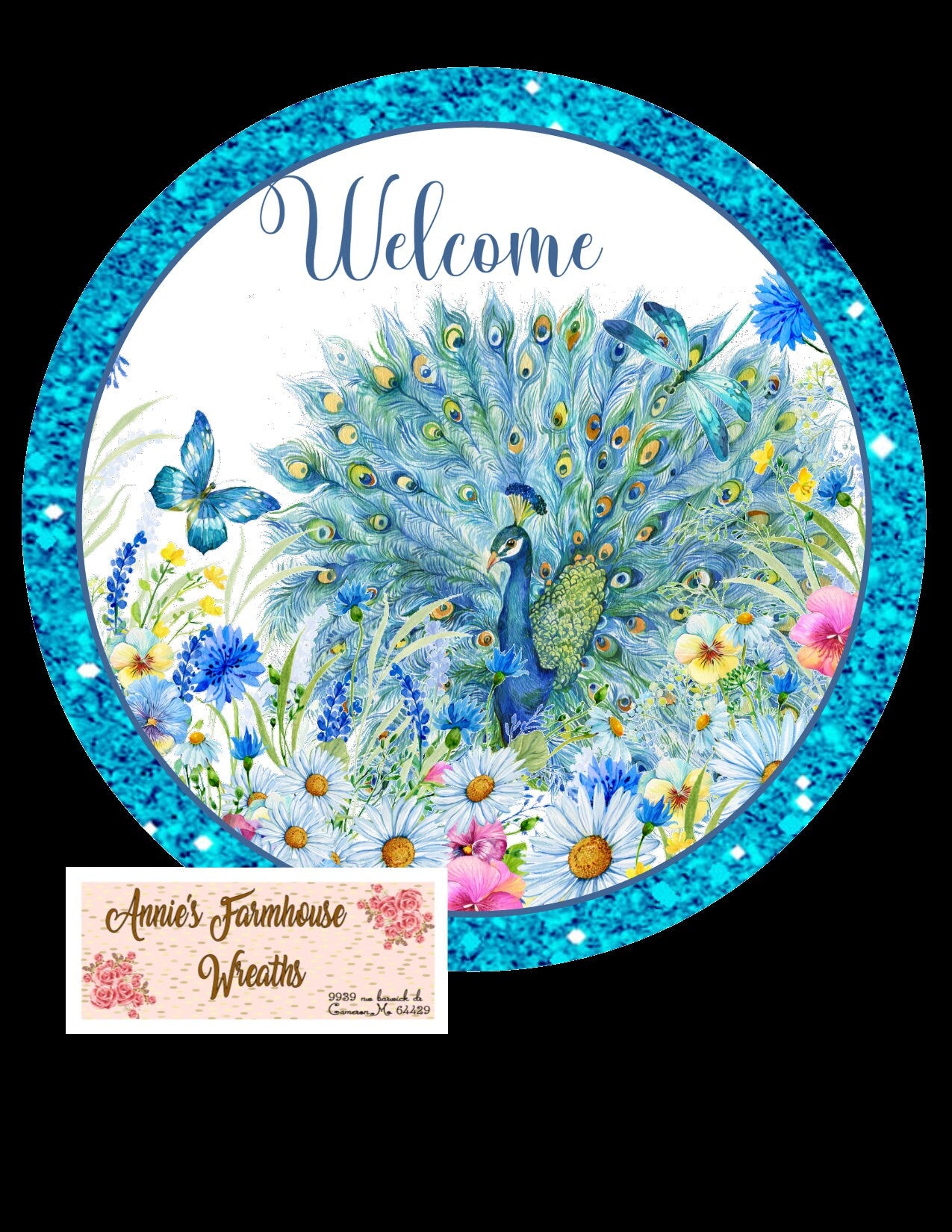 welcome sign, blue glitter blue peacock sign, wreath attachment, wreath center, round wreath sign, ornament, tiered trey sign