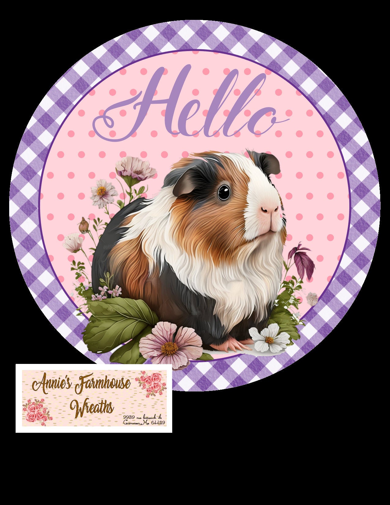 Guinea pig wreath sign, Purple checked welcome sign, Wreath sign, wreath center, wreath attachment