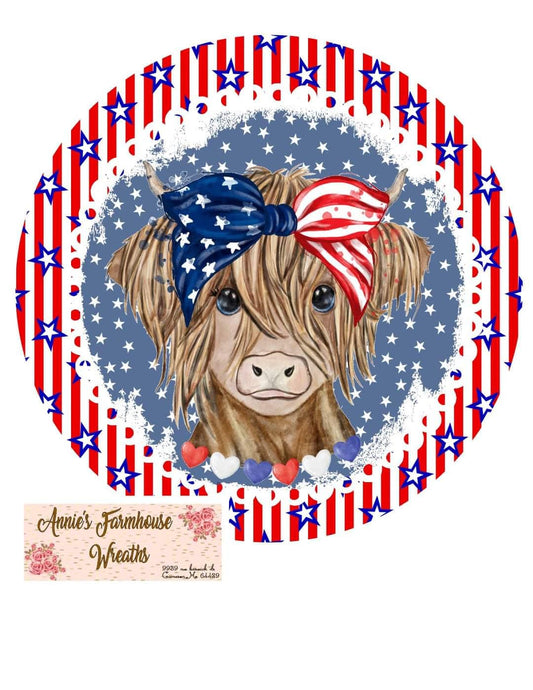 Wreath sign,American highland cow sign, red white and blue, 4th of July,patriotic, Wreath attachment, Wreath center, sublimated metal sign