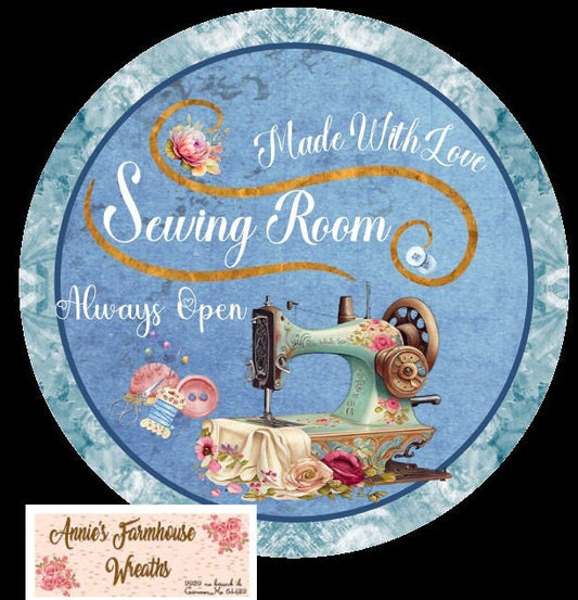 Welcome to the Sewing Room round metal wreath sign, Seamstress sign, sewer sign, sewing machine and needle, wreath center, wreath attachment