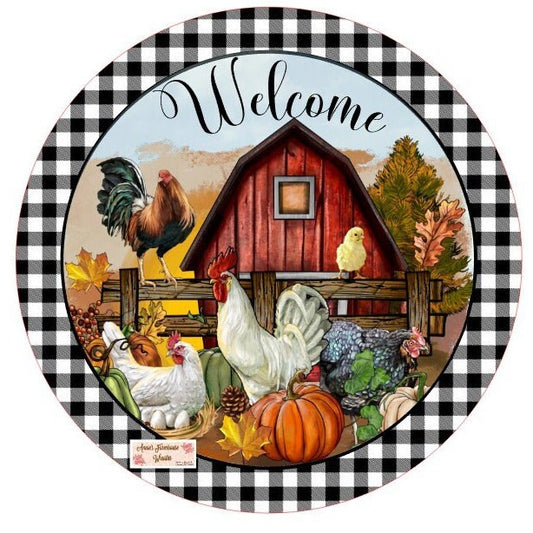 Welcome Fall Farmhouse  metal wreath sign, Fall Pumpkin and rooster sign,  Falling leaves, chickens hens and rooster, Round metal sign