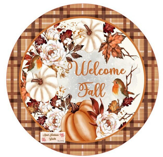 Welcome Fall robin round metal wreath sign, Fall pumpkins, white pumpkins, Robin, Fall flowers wreath sign, wreath center, wreath attachment