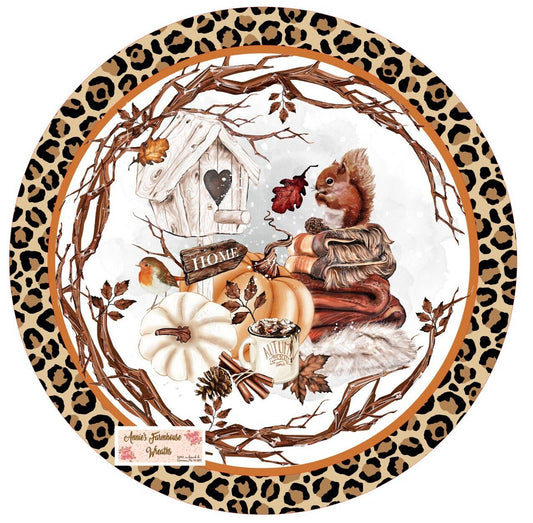 Welcome Fall squirrel round metal wreath sign, Fall pumpkins, white pumpkins, Fall flowers wreath sign, wreath center, wreath attachment