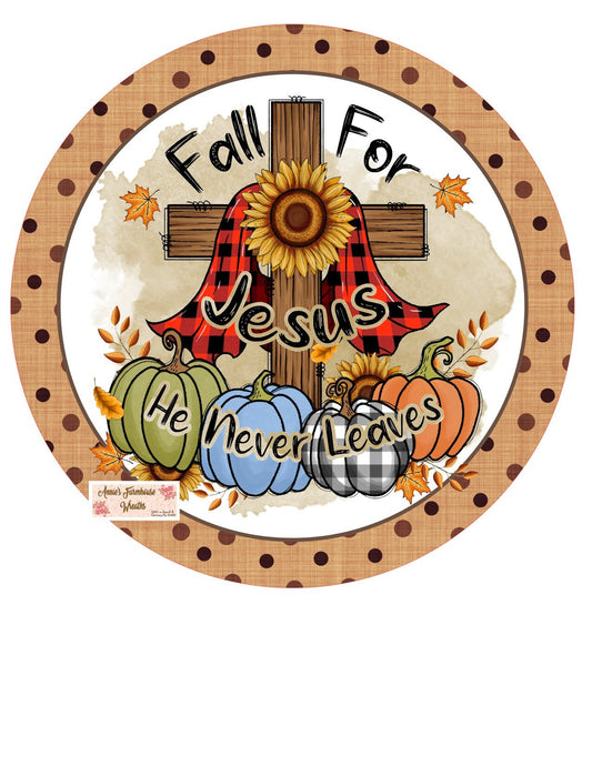 Fall for Jesus Round metal sign, fall pumpkin and buffalo check wreath attachment, Wreath center, tiered tray sign,