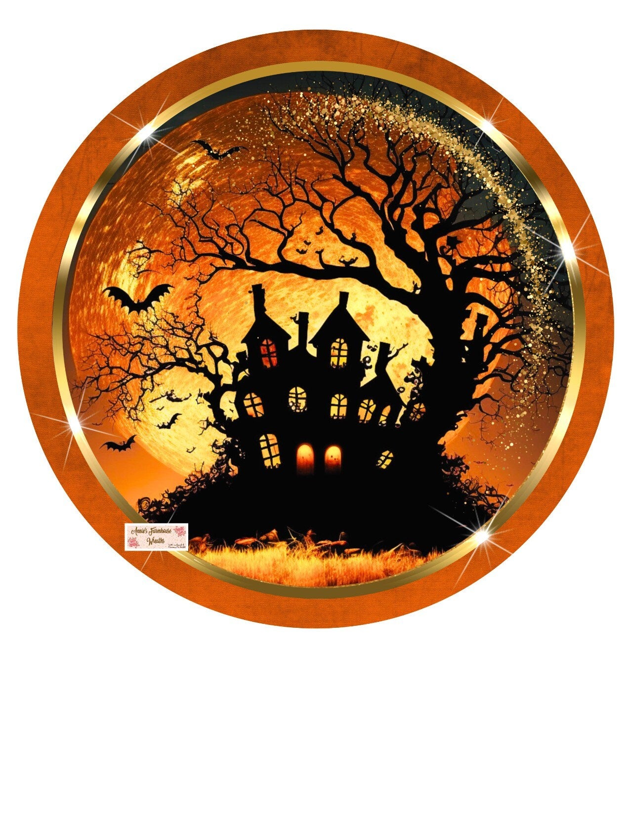 stained glass spooky haunted house, Halloween haunted house metal sign, October 31st wreath attachment. wreath center, wreath sign