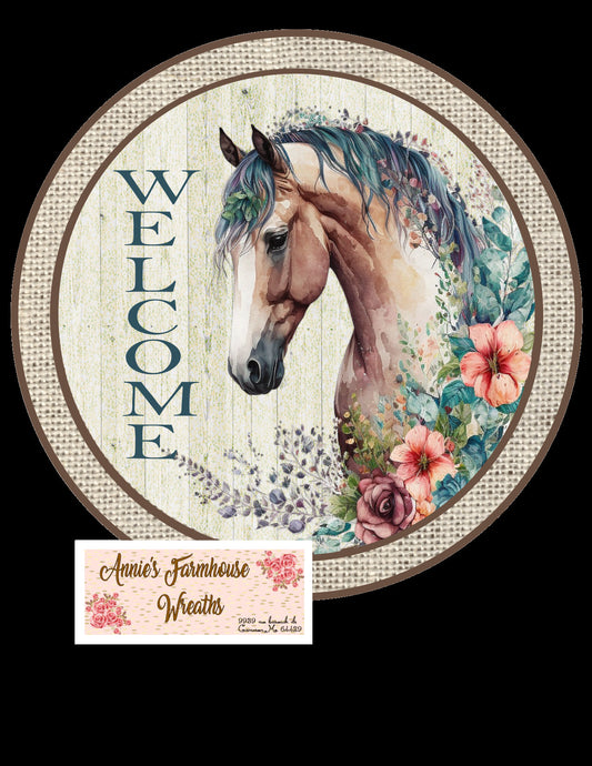 Horse sign, Floral  welcome sign, farmhouse, rustic, animal, metal wreath sign, Round sign,  attachment Wreath center,