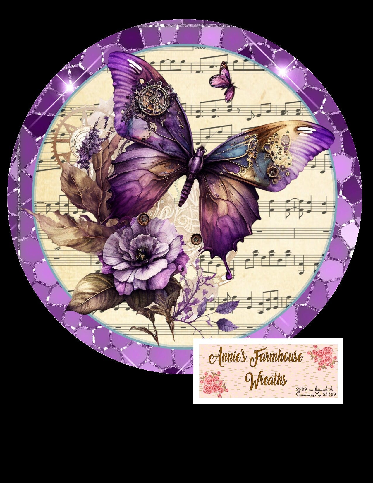 Purple Steampunk Butterfly sign, Butterflies and gears wreath sign. Metal sign, summer sign,  Round sign, Wreath attachment, Wreath center,