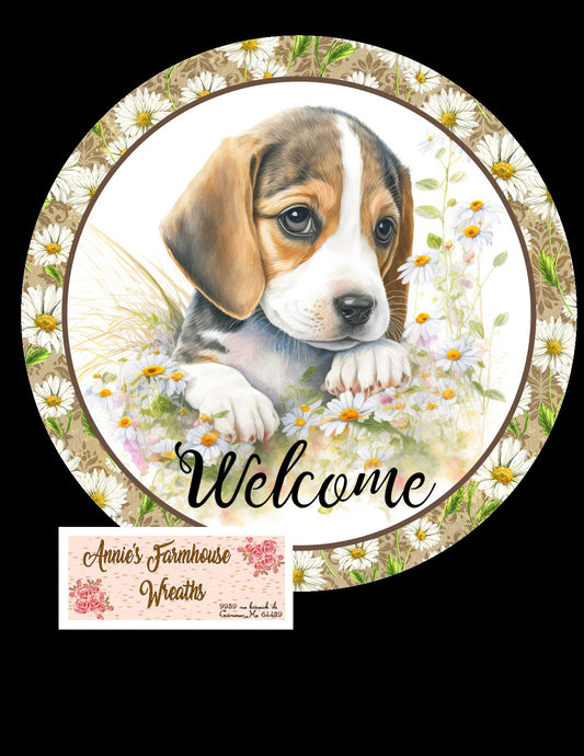 wreath sign, Beagle dog in flowers round metal wreath attachment,  metal wreath center