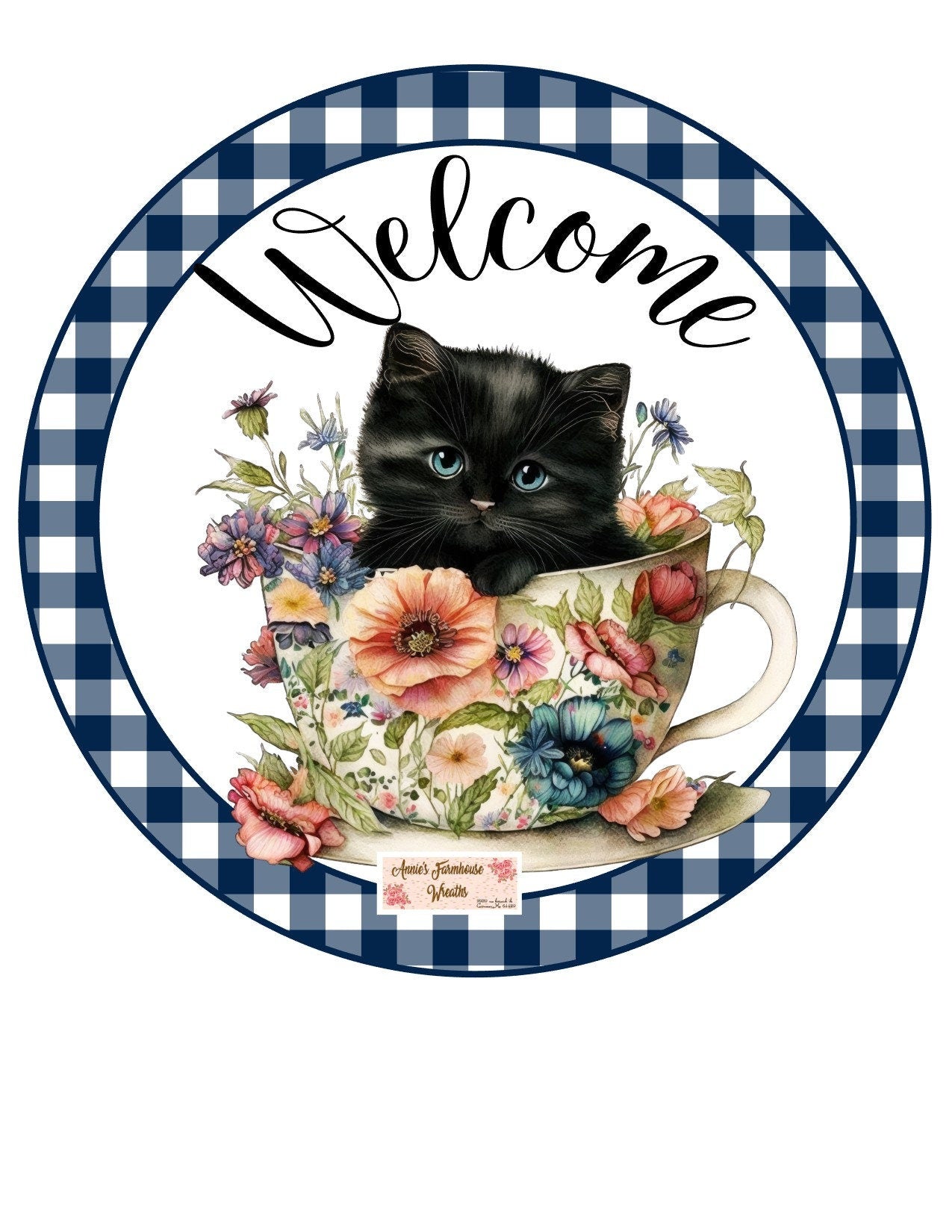 welcome cat sign, floral tea cup kitty sign, welcome  metal sign  Round sign, Wreath attachment, Wreath center,