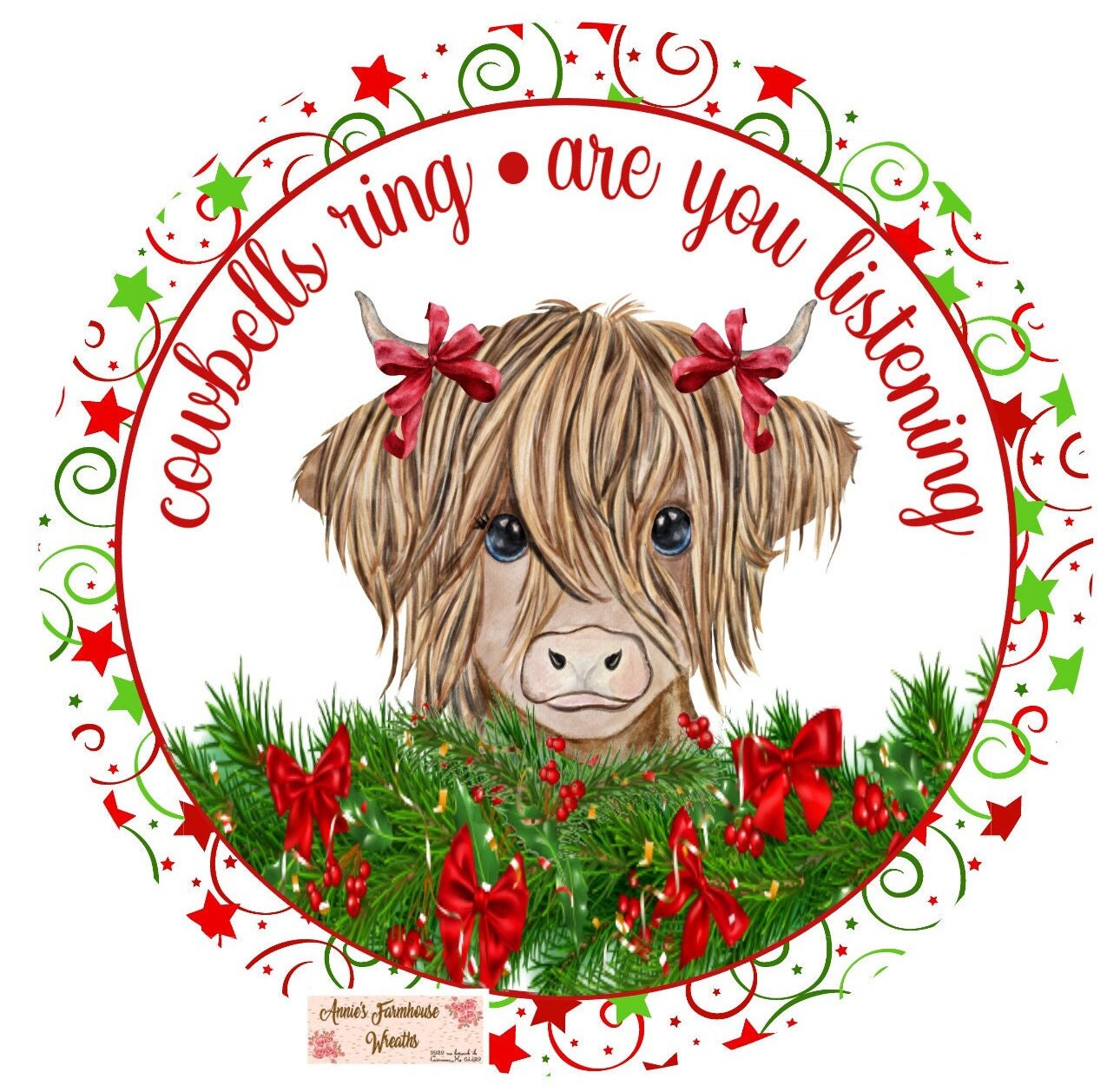 Cowbells ring are you listening, Highland cow Christmas round metal wreath sign, Winter cow sign, wreath center, wreath attachment