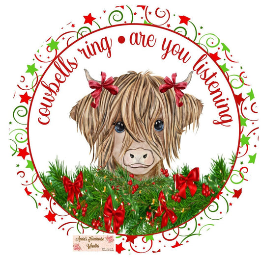 Cowbells ring are you listening, Highland cow Christmas round metal wreath sign, Winter cow sign, wreath center, wreath attachment