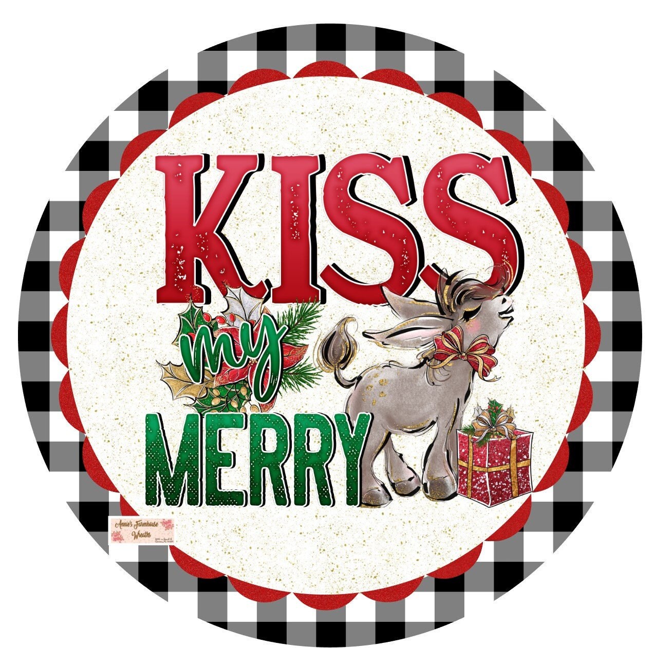 Kiss my Merry Donkey Christmas round metal wreath sign, Christmas Donkey sign, Winter donkey sign, wreath center, wreath attachment