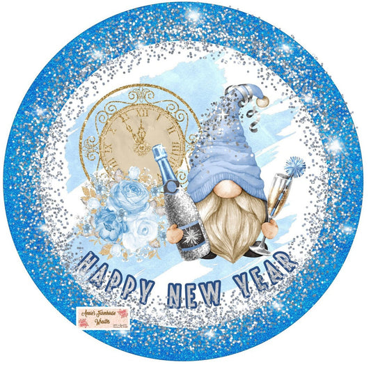 Happy New Year Round metal wreath sign, New Year&#39;s Gnome sign, Blue and Silver New Years round metal wreath sign, wreath center, attachment