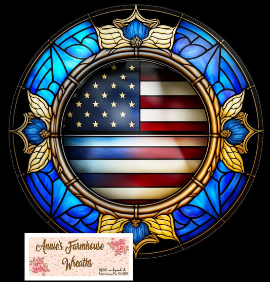 Faux Stained Glass American Flag, military sign , patriotic, fourth of July, independence day metal wreath sign, Round sign,