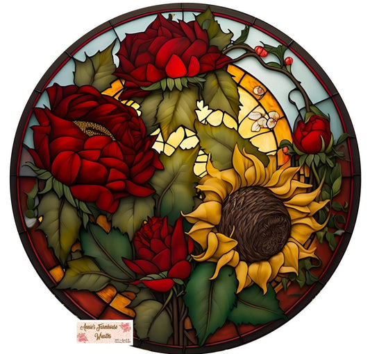 Faux stained glass sunflowers and roses metal wreath sign, round metal wreath sign, Fall, summer flowers, wreath center, wreath attachment