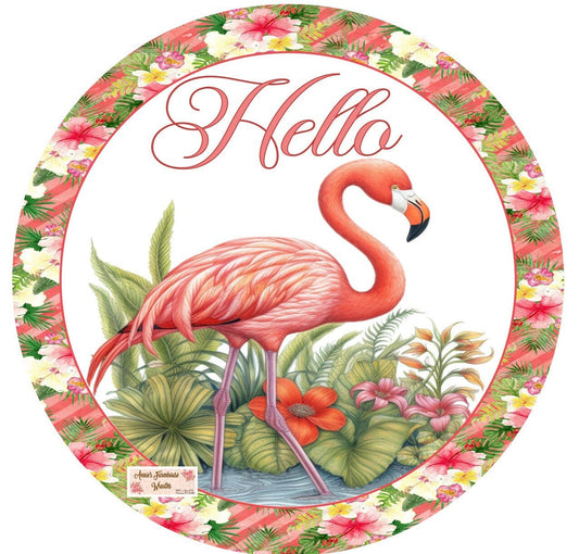 Tropical Flamingo hello sign, Wreath Sign, Wreath Center, Wreath Attachment,  Metal Sign, Tropical sign