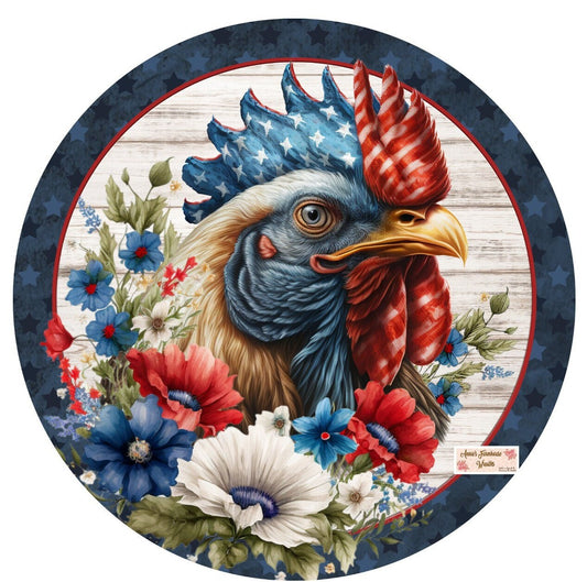 Patriotic Rooster metal wreath sign, Americana, red white and blue, Freedom, Rooster, 4th of july, door hanger,