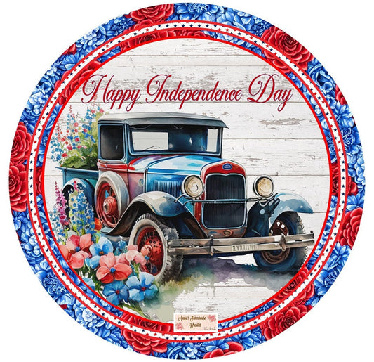 Patriotic, Americana Old Car round metal sign, 4th of July sign, Independence Day patriotic round sign, wreath sign, wreath center, wreath
