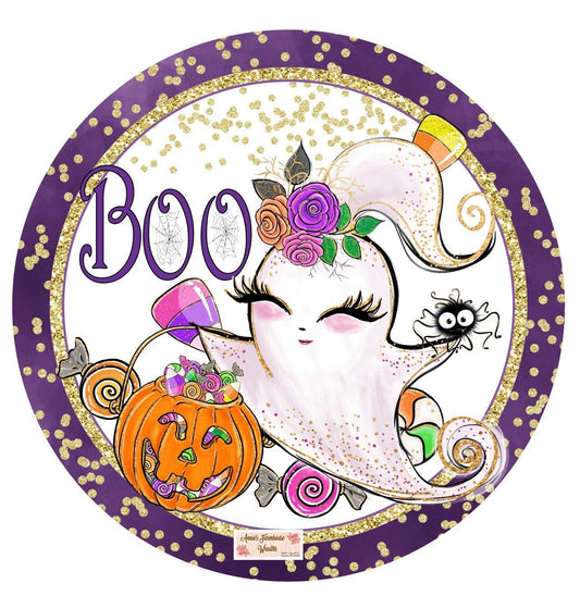 wreath sign, Whimsical Ghost with candy, purple and gold round sublimated wreath sign