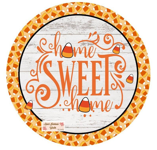 sublimated metal wreath sign, Orange and yellow Home Sweet Home Halloween Candy Corn Wreath center, attachment