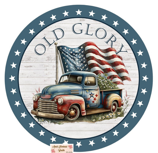 wreath sign, Old red truck metal wreath sign, Patriotic sign, 4th of July Wreath sign, memorial day round metal sign, independence day sign