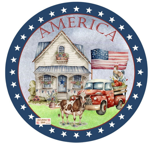 Patriotic, Americana old truck round metal sign, 4th of July sign, Independence Day patriotic round sign, wreath sign, wreath center, wreath