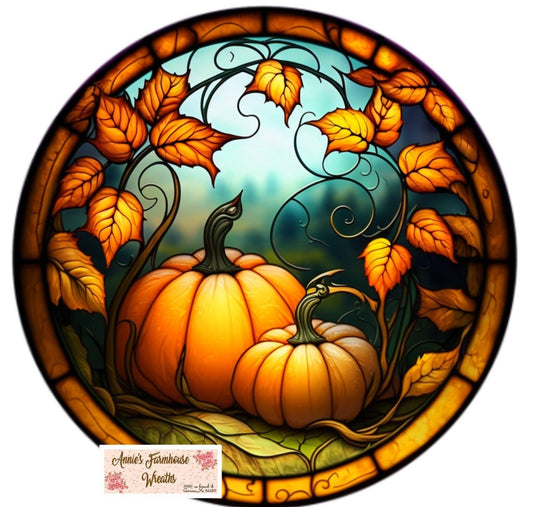 Welcome Autumn pumpkins round metal wreath sign, Fall pumpkins, faux stained glass pumpkins, wreath center, wreath attachment