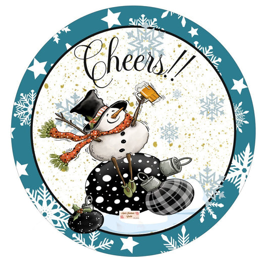 Cheers drunk snowman sign winter sign, blue Christmas, Wreath Sign, Wreath Center, Wreath Attachment,  Metal Sign, Tiered tray sign