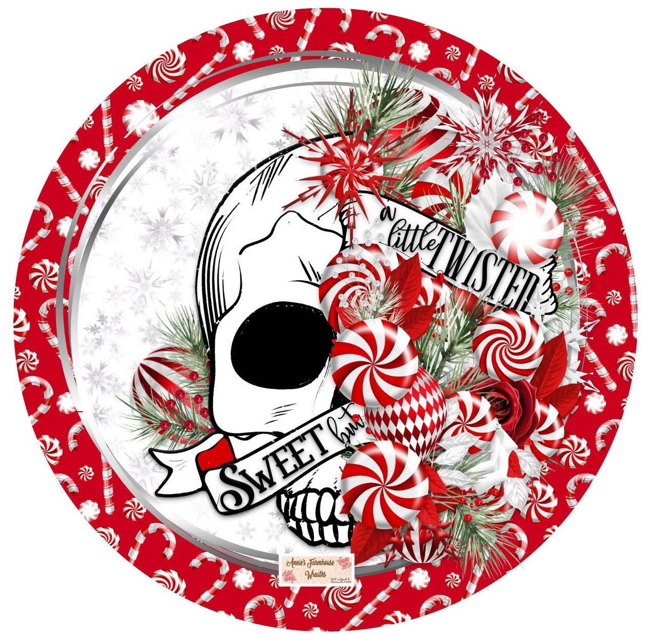 round metal sublimation wreath sign, Peppermint Candy Sweet but Twisted Christmas Skull sign