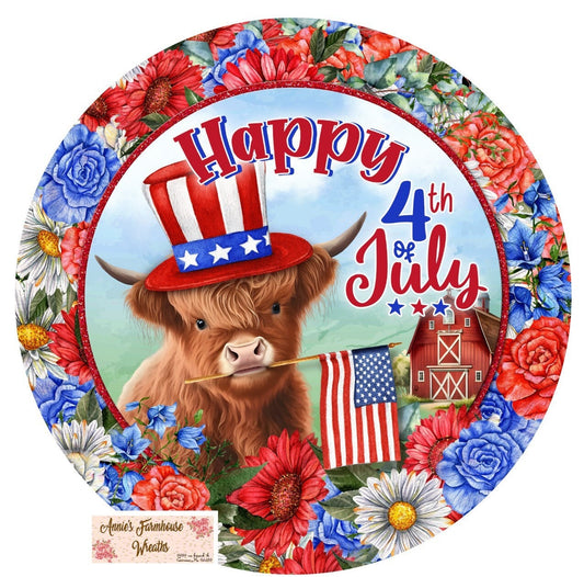 wreath sign, Patriotic cow sign, Fourth of July Sign, Independence Day Wreath Sign, highland cow sign. Summer celebration sign,