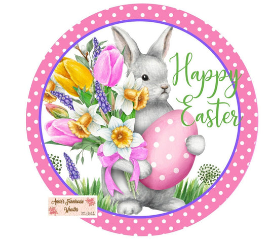Round metal wreath sign, Happy Easter, Bunny Springtime sign