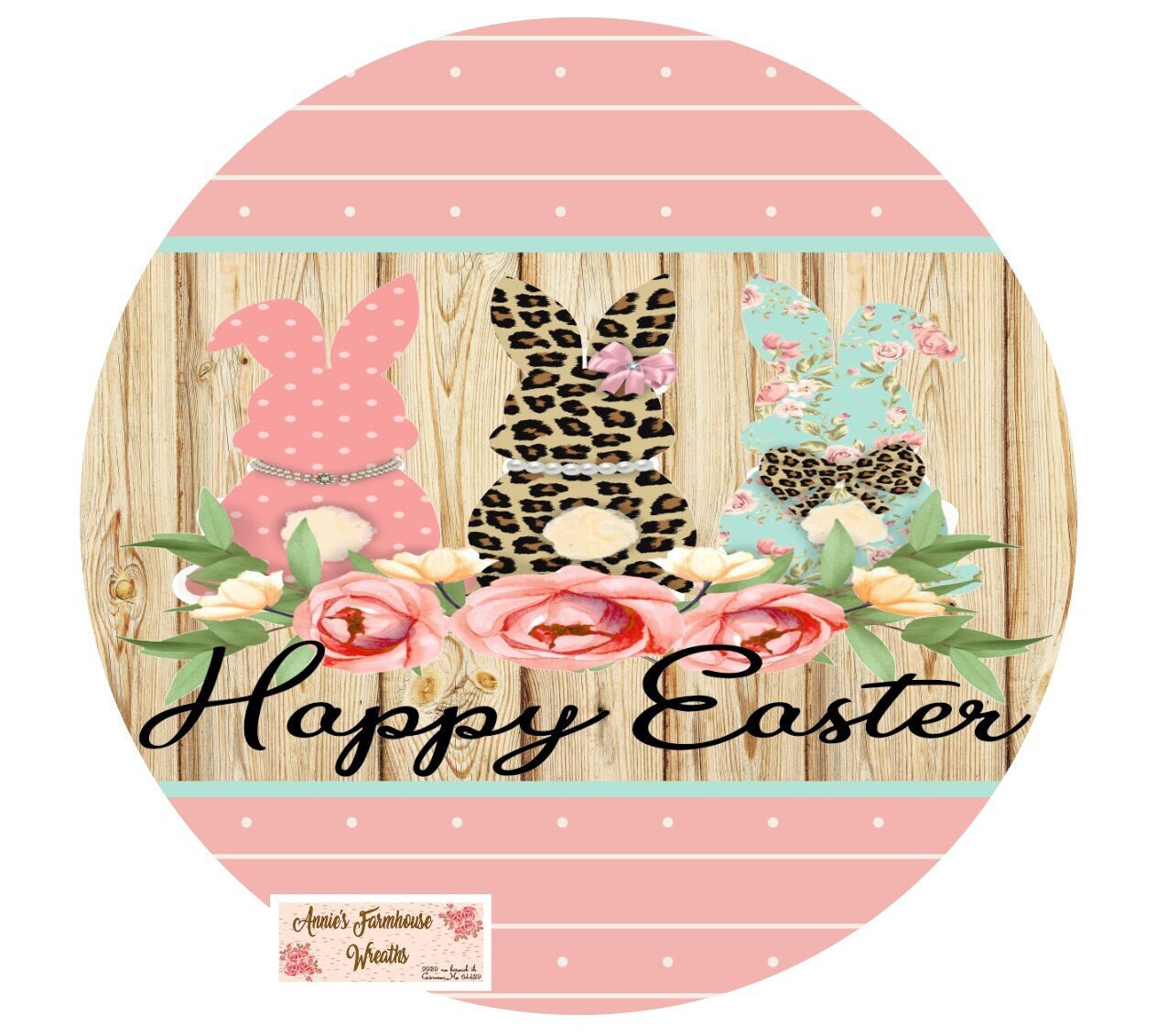 Round metal wreath sign, Happy Easter, Bunny Springtime cheetah print sign