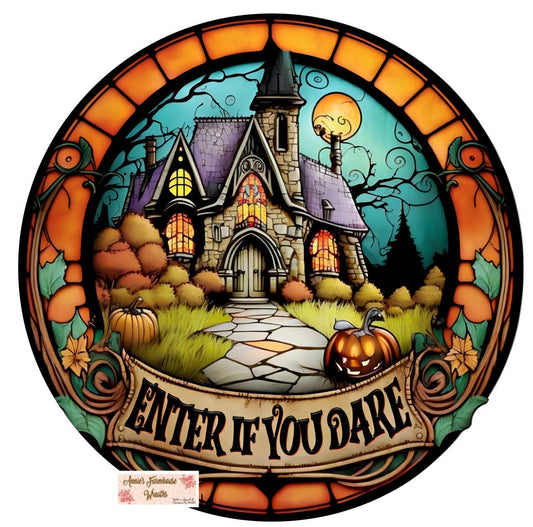 stained glass spooky haunted house, Halloween haunted house metal sign, October 31st wreath attachment. wreath center, wreath sign