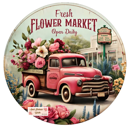 vintage pink truck flower market sign, Valentine round metal wreath sign,  old pink truck floral door decor, door hanger, wreath supplies