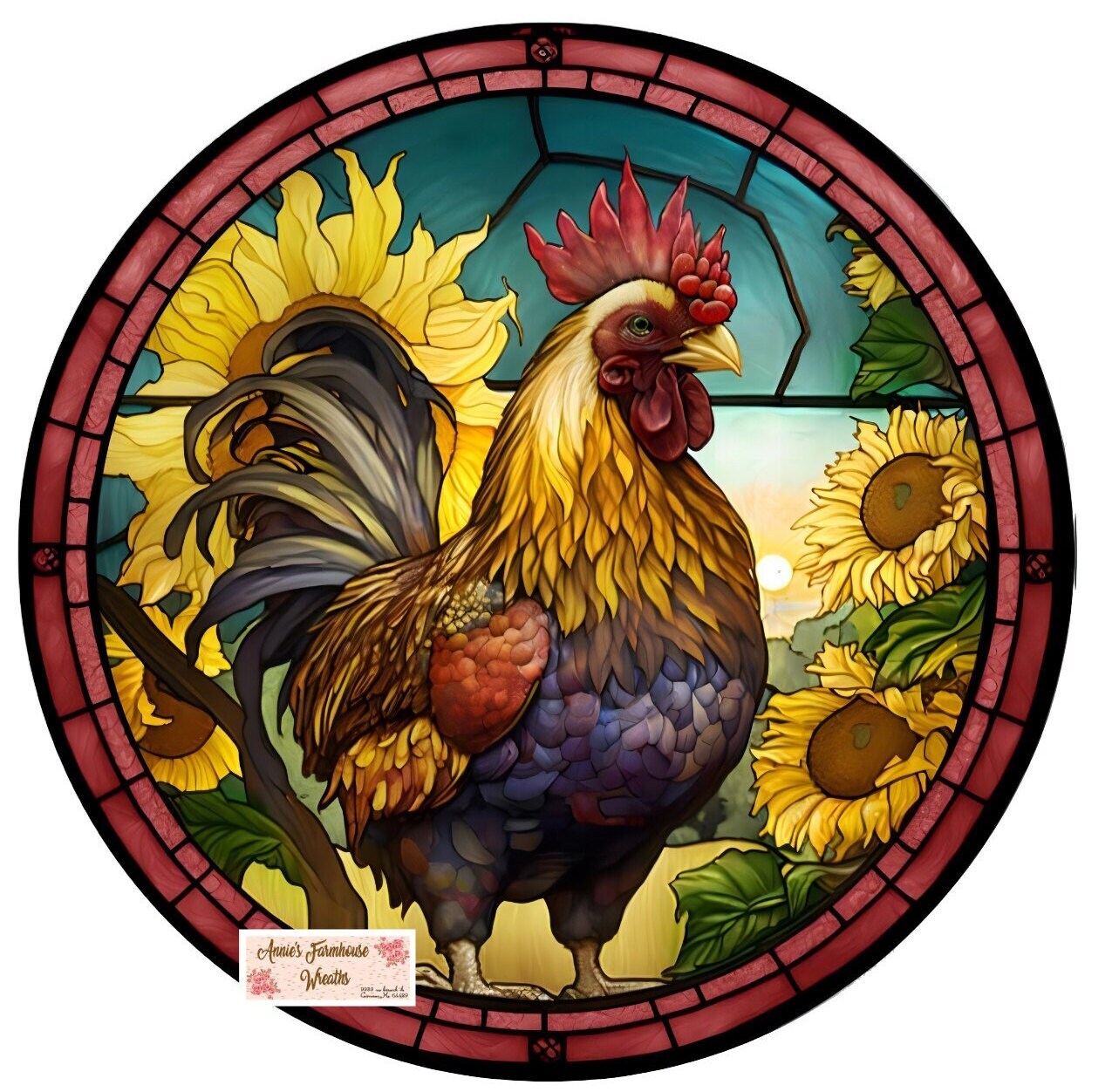 rooster sign, faux stained glass rooster sign, round metal wreath sign, farmhouse decor, farmhouse wreath sign, door hanger, door decor,