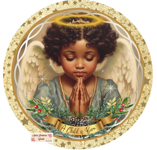 round metal sublimation wreath sign, Christmas, African American, Black Praying Angel, Melanin angel