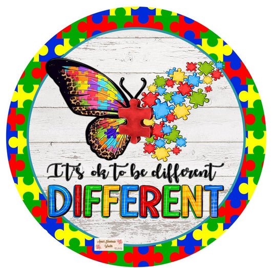 Round metal wreath sign, infinity autism puzzle pieces wreath center, butterfly