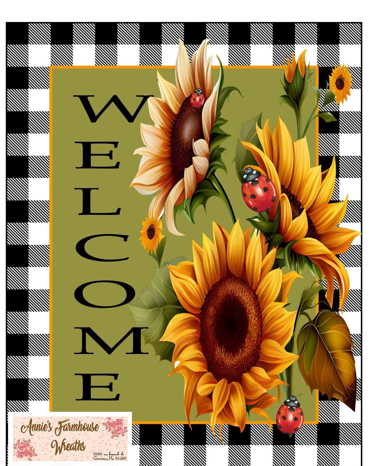 Ladybug metal wreath sign, summer ladybug door decor, door sign, welcome sign Fall sunflowers and ladybug sign. 8x10 square sign