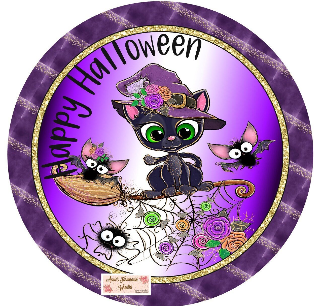 wreath sign, Whimsical black with cat, spider, purple and gold round sublimated wreath sign