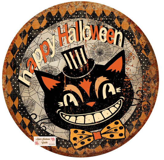 Wreath sign, Round metal retro primitive black cat halloween sign