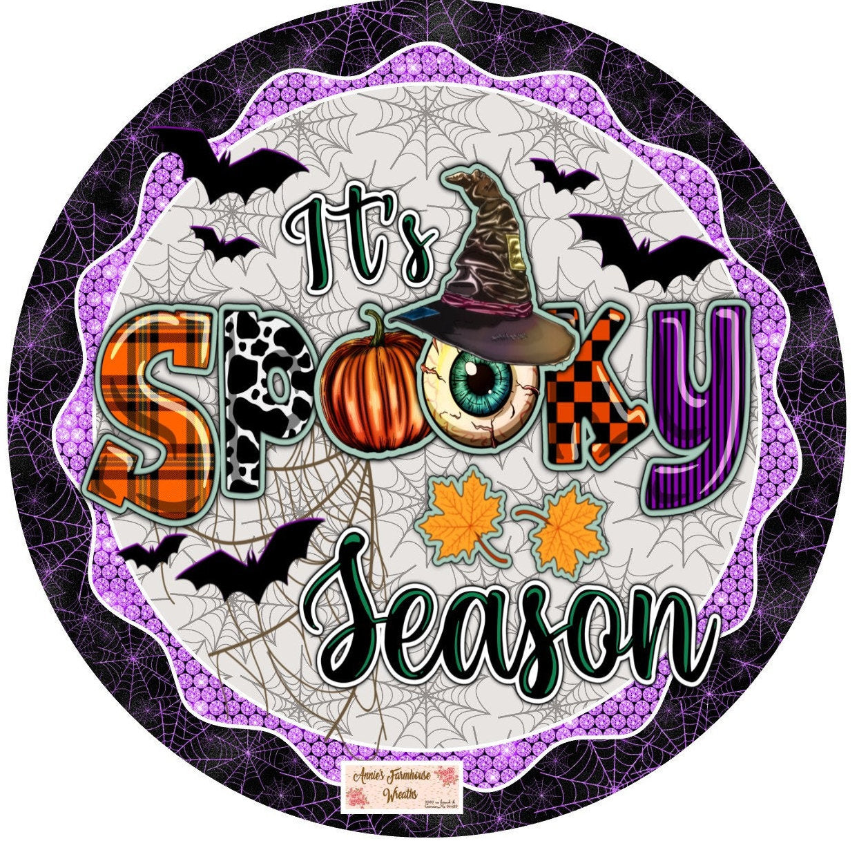 wreath sign, Spooky Season round metal Halloween bat sign,