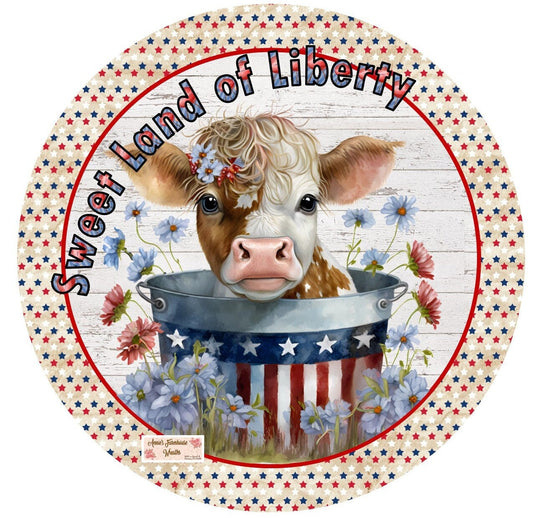 sublimated metal wreath sign, Patriotic highland cow, cute long haired calf, 4th of July, red white and blue