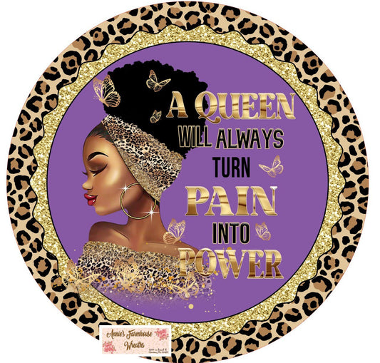 Round sublimated metal wreath sign, strong black woman, Diva Queen, Juneteenth, African Queen