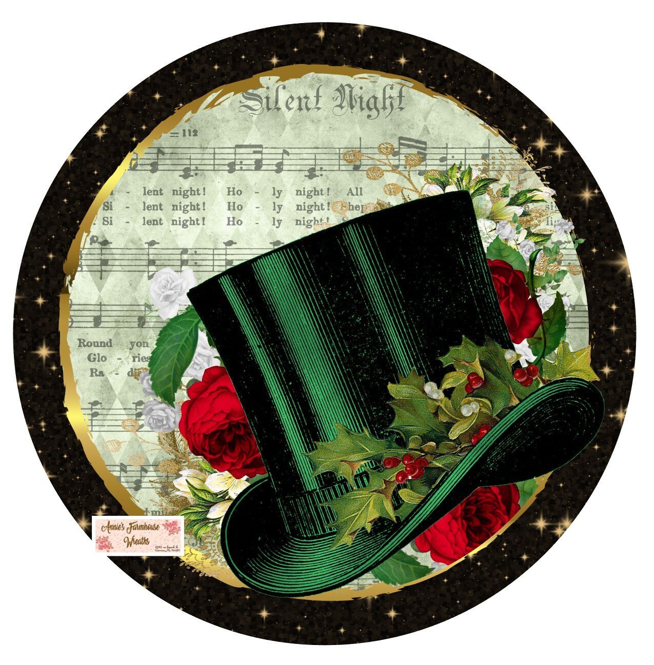 round metal sublimation wreath sign, Christmas, old world top hat, Victorian hat, Roses and Christmas Carols